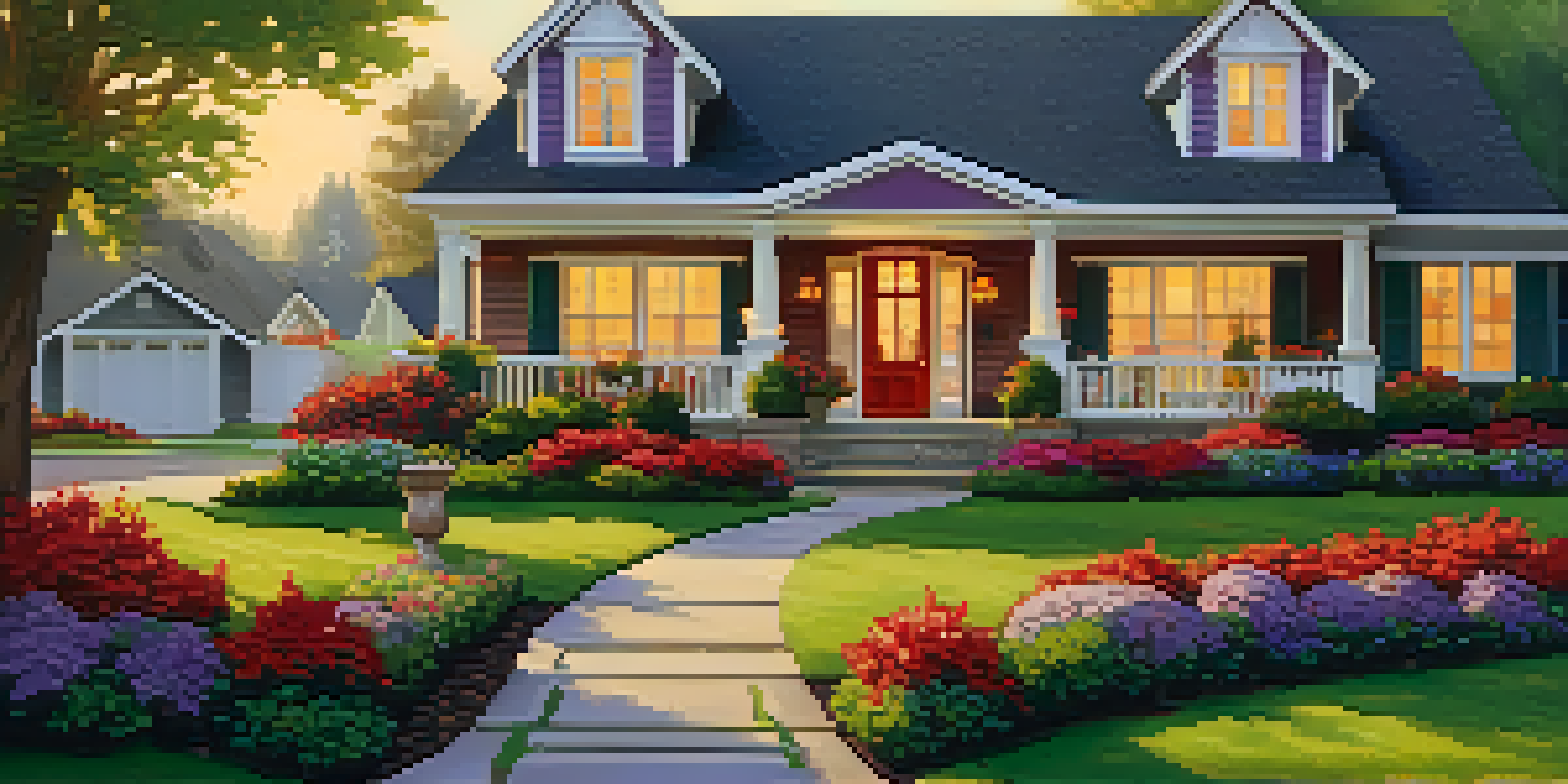 A picturesque suburban home with colorful flowers and a stone pathway leading to the porch, illuminated by warm light.