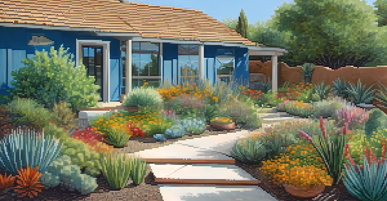 A colorful garden with drought-resistant plants and a rainwater harvesting system under a clear blue sky.