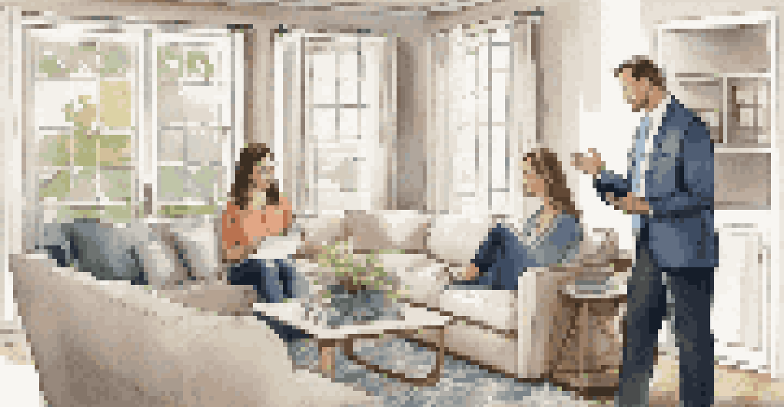 A real estate agent explaining a contract to a couple in a well-lit, modern living room.