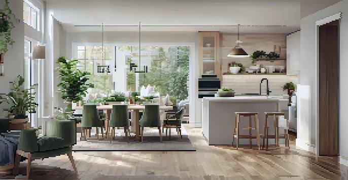 A spacious open-concept living area with interconnected kitchen, dining, and living spaces, flooded with natural light and adorned with plants.