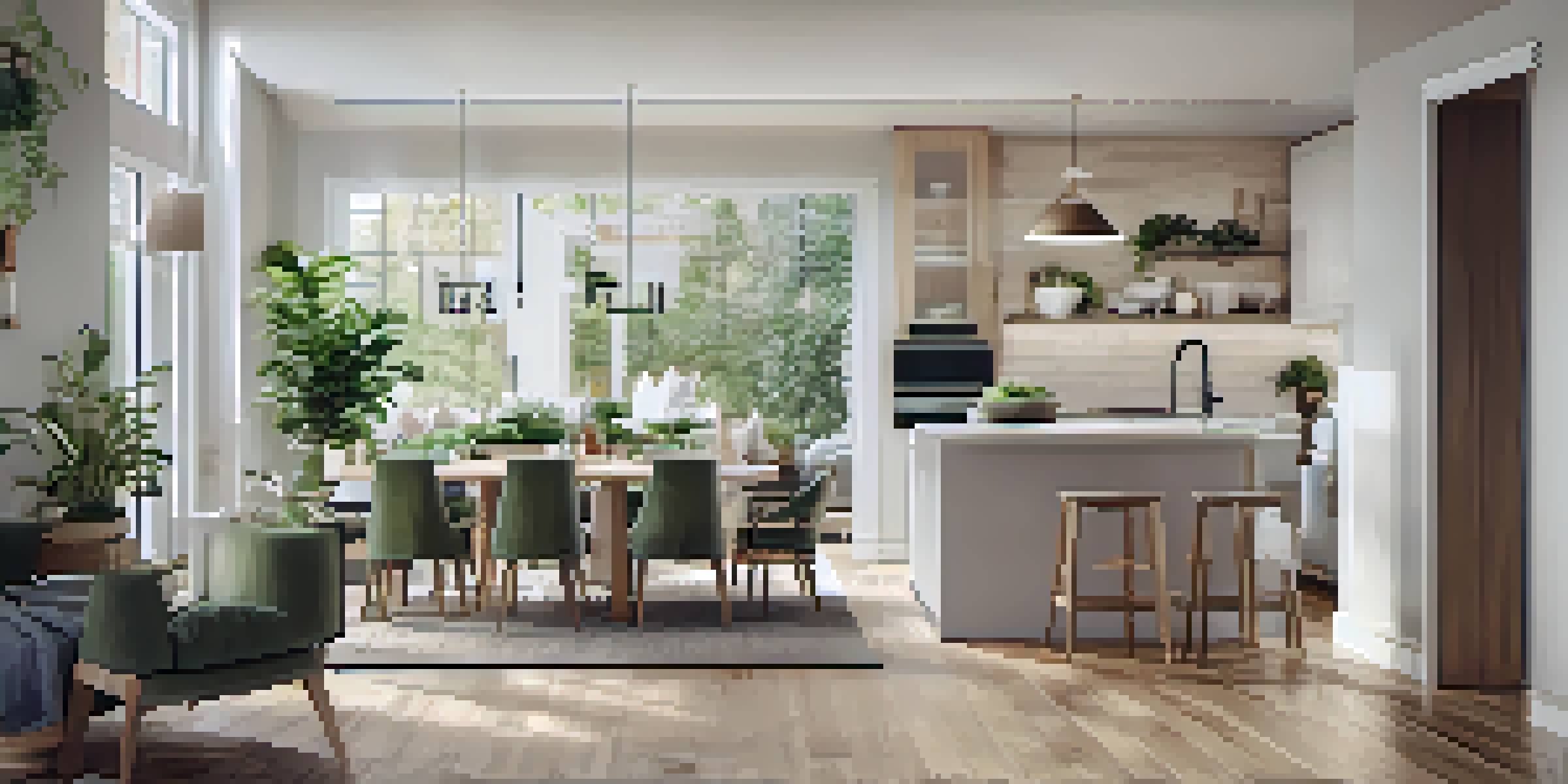 A spacious open-concept living area with interconnected kitchen, dining, and living spaces, flooded with natural light and adorned with plants.