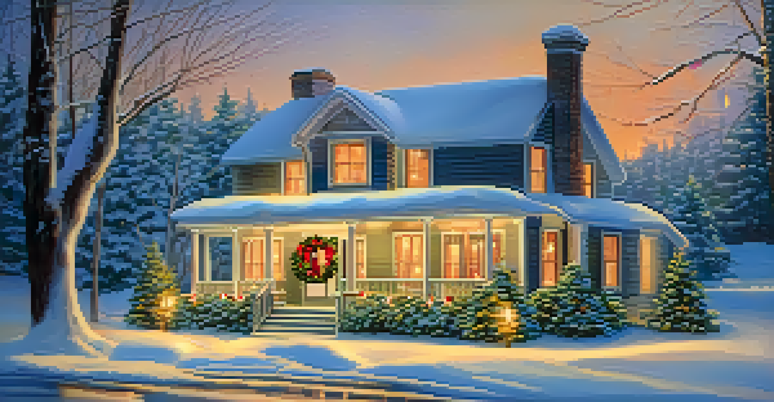 A charming winter home with glowing windows and a clear pathway covered in snow.