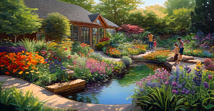 A colorful garden with children playing, native plants, and a small pond, illuminated by warm sunlight.