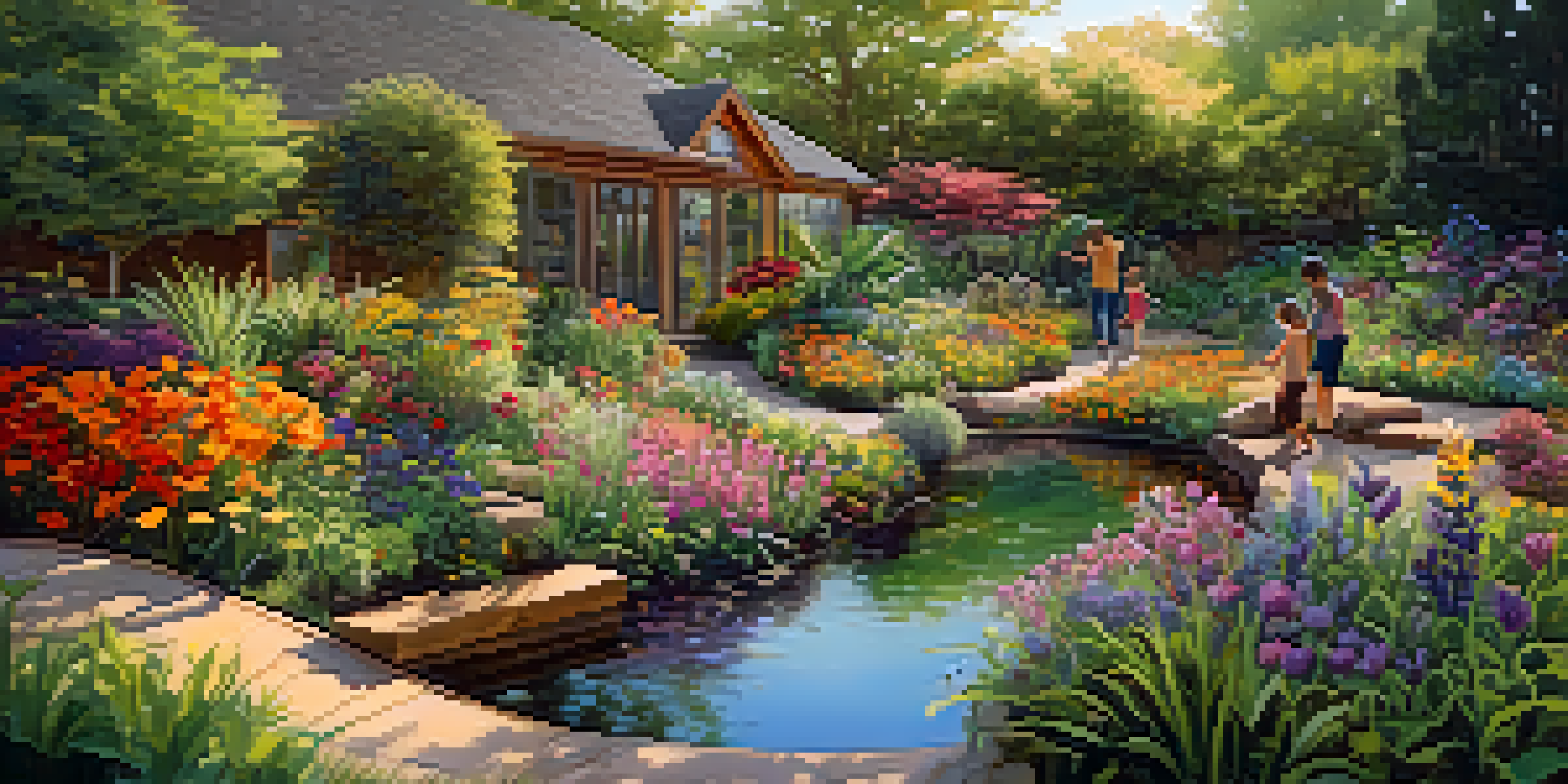 A colorful garden with children playing, native plants, and a small pond, illuminated by warm sunlight.