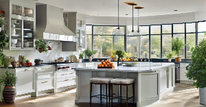 A bright and modern kitchen with white cabinets, marble island, and stainless steel appliances, illuminated by natural light.