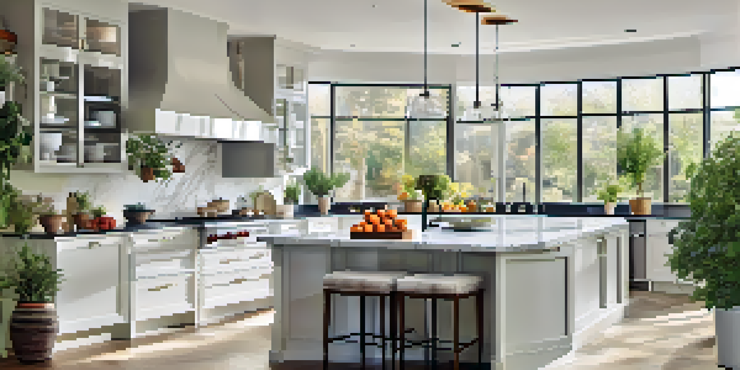 A bright and modern kitchen with white cabinets, marble island, and stainless steel appliances, illuminated by natural light.