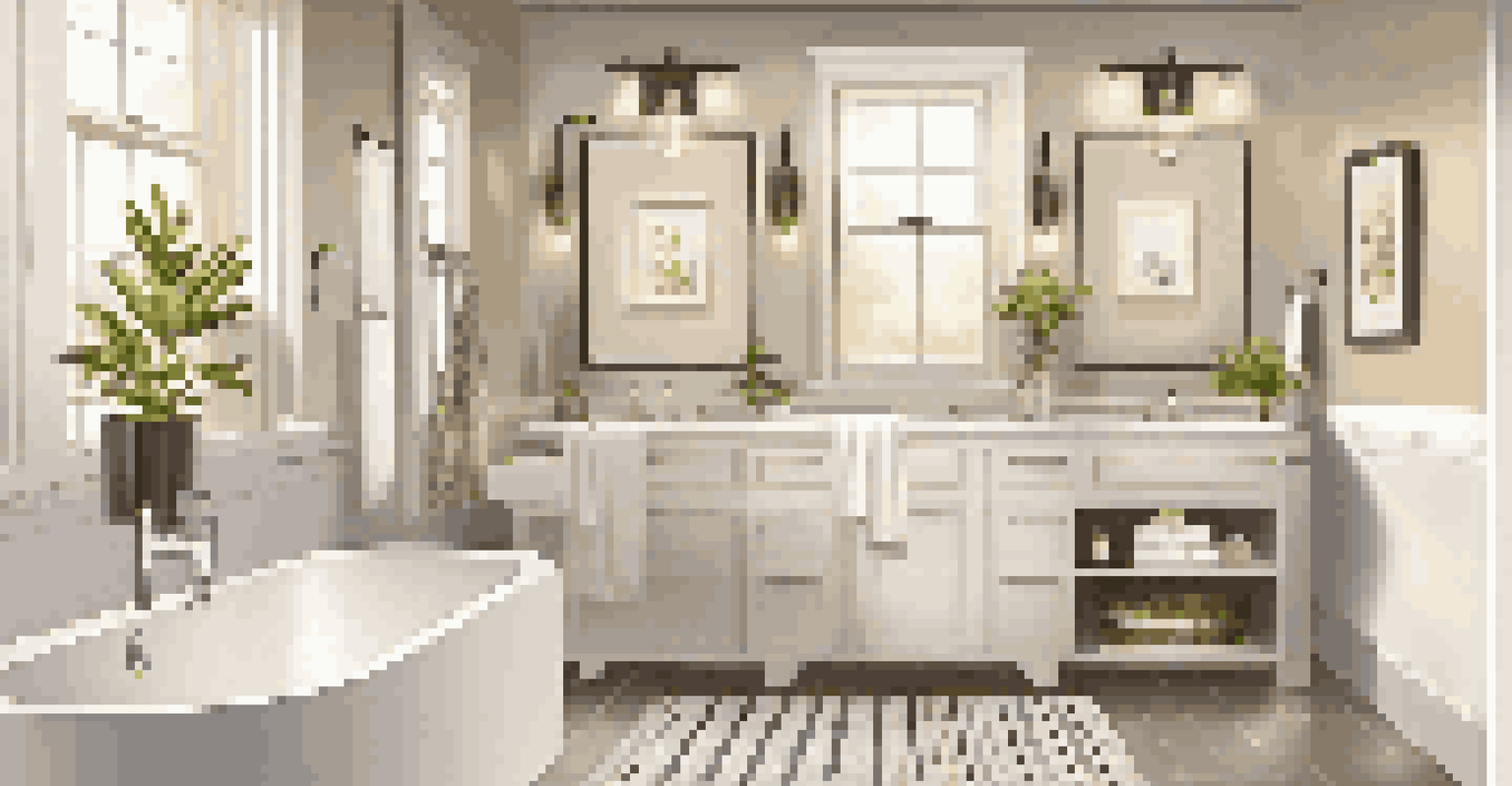 A modern bathroom with updated fixtures, a fresh shower curtain, and decorative candles and plants.