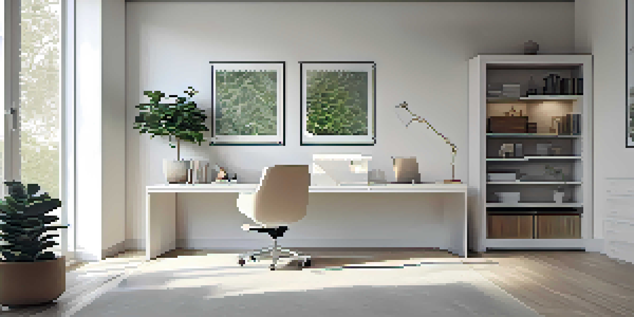 A minimalist home office with a clean white desk, ergonomic chair, and a small plant, illuminated by natural light.