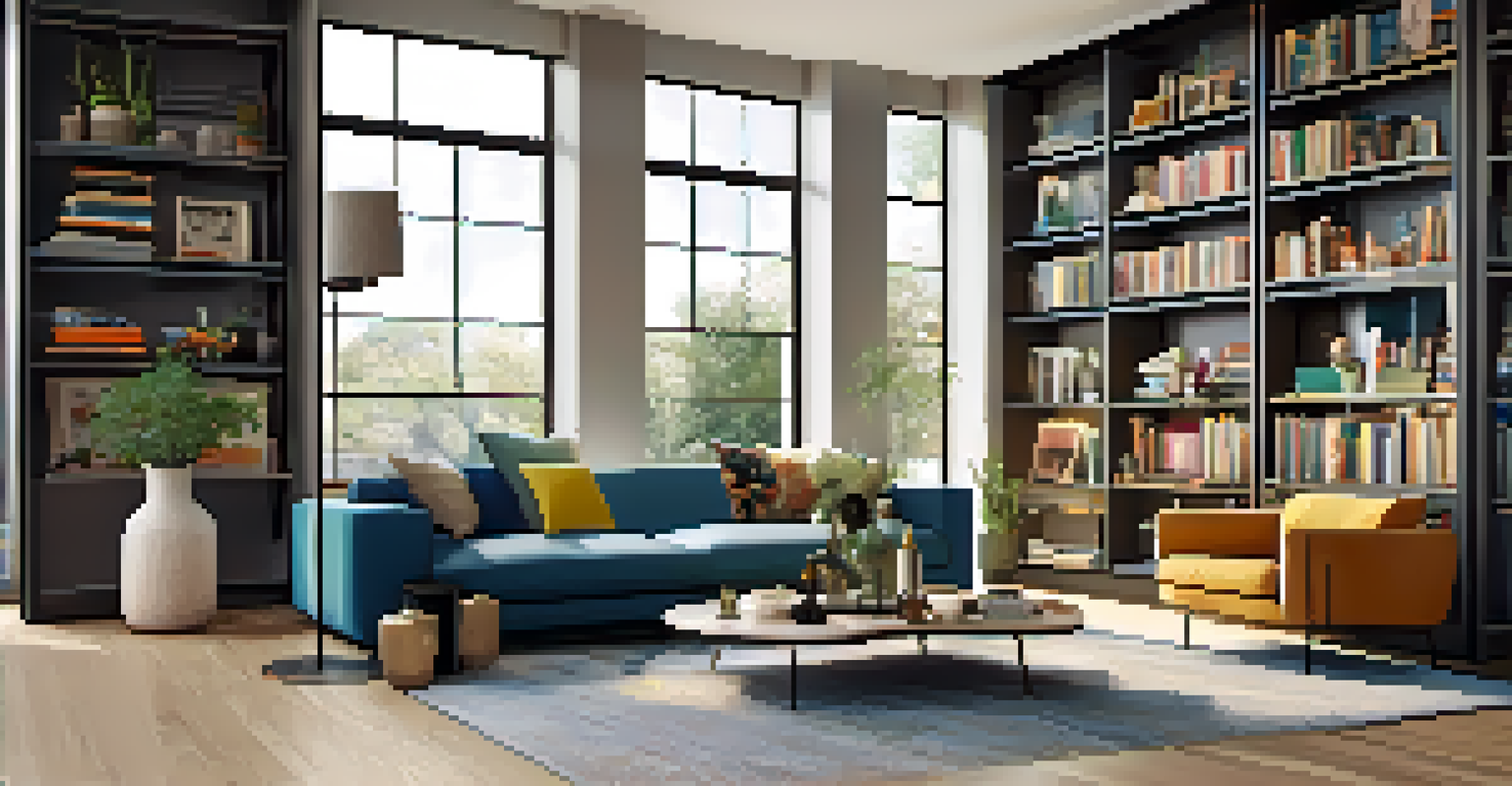 A modern living room with a stylish bookshelf as a room divider, filled with books and decorative items, bathed in natural light.