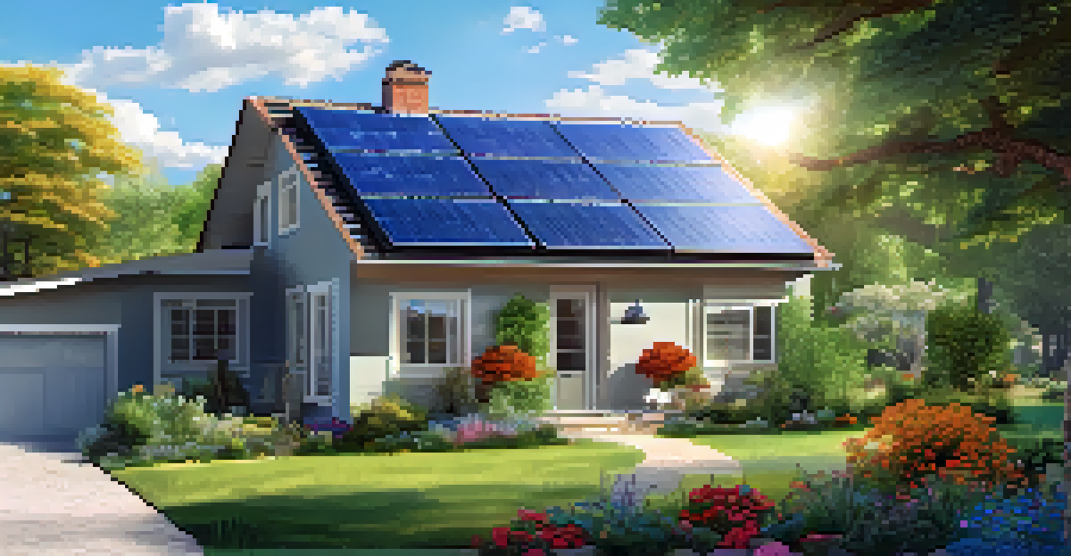 A house with solar panels on the roof under a sunny sky, surrounded by a colorful garden, showcasing renewable energy use.