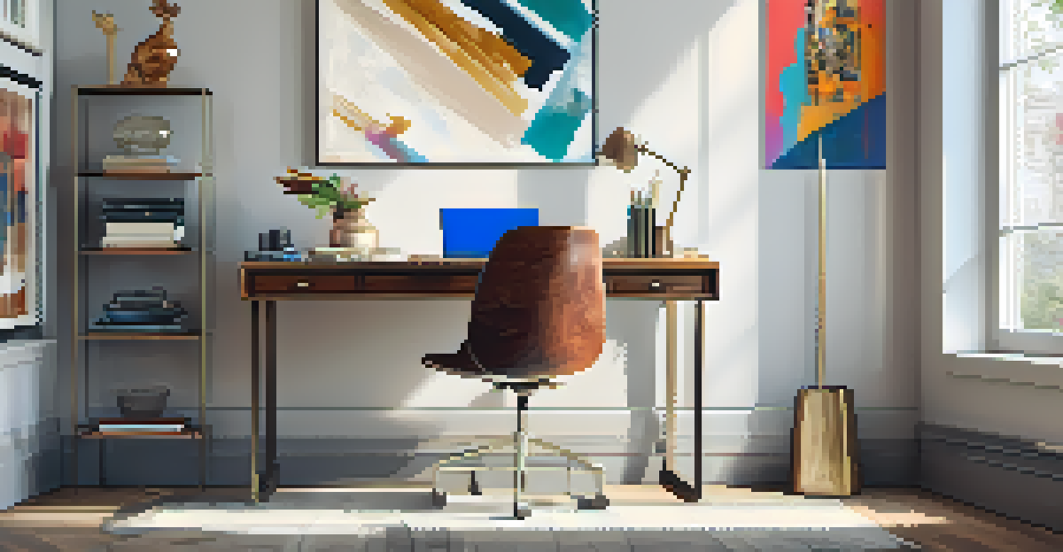 A stylish workspace with an antique desk, modern chair, and colorful artwork, illuminated by natural light.