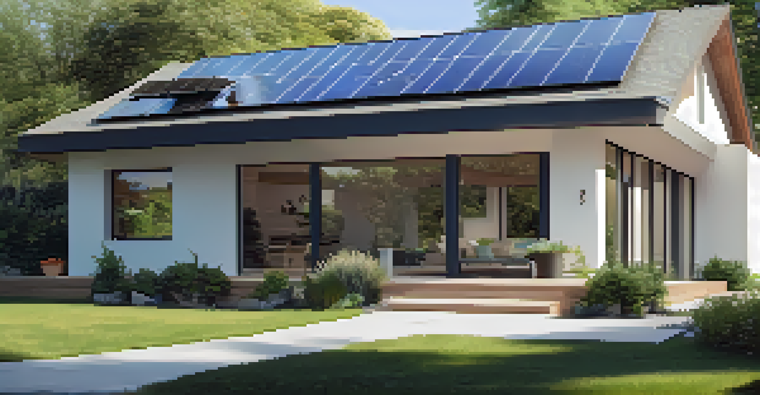 A modern home with solar panels and a garden, highlighting energy-efficient features.