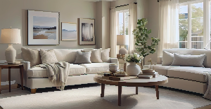 A welcoming living room with neutral colors, cozy furniture, and natural light, designed for home staging.