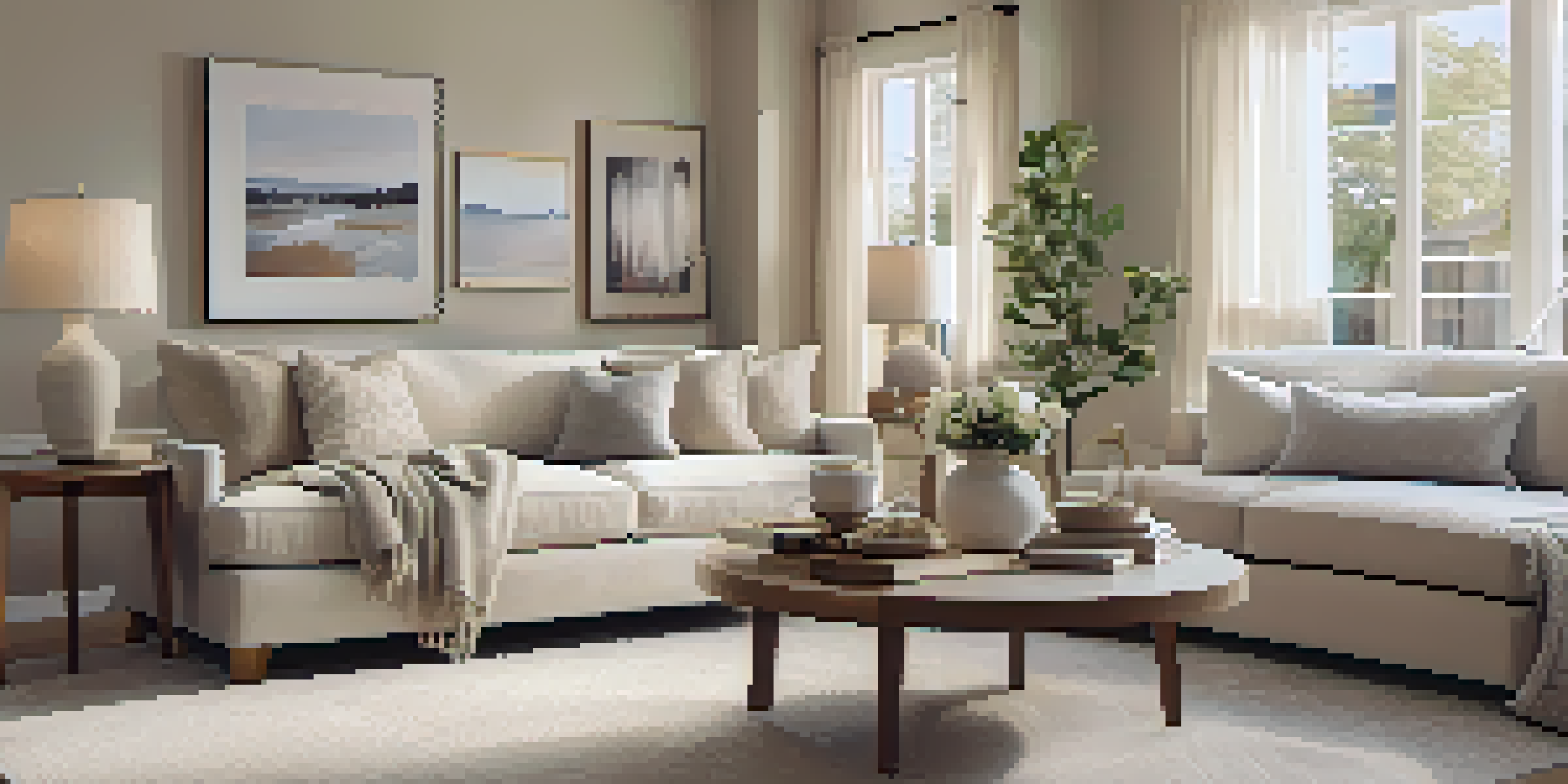 A welcoming living room with neutral colors, cozy furniture, and natural light, designed for home staging.
