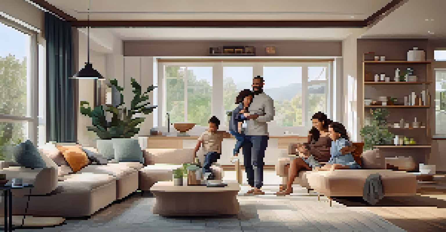 A modern living room where a family is using smart appliances like a thermostat and washing machine, with soft lighting and stylish decor.