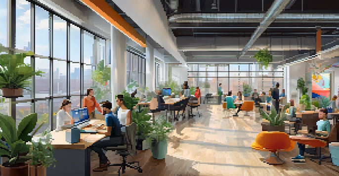 A bright and modern co-working space with various people working on laptops in a lively urban setting.