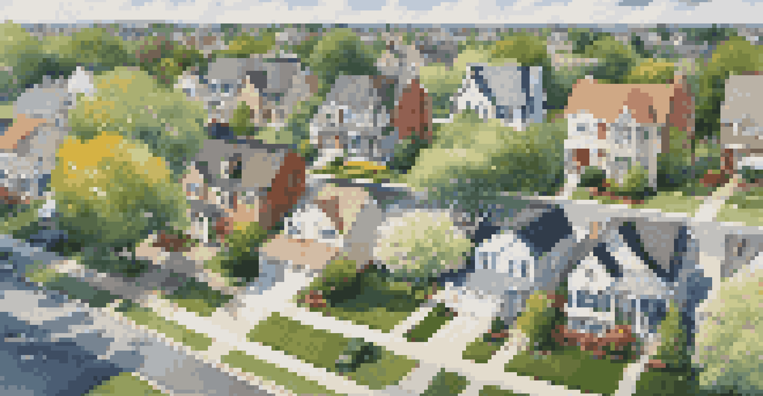 An aerial view of a suburban neighborhood with diverse houses, trees, and children playing in a park under a blue sky.