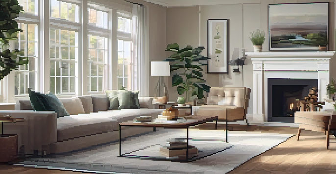 A cozy living room filled with natural light, featuring comfortable furniture and plants, with a coffee table displaying financial books and a laptop.