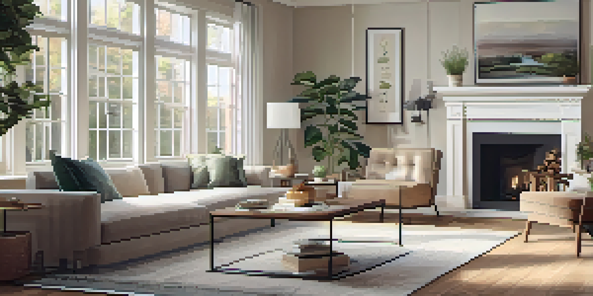 A cozy living room filled with natural light, featuring comfortable furniture and plants, with a coffee table displaying financial books and a laptop.