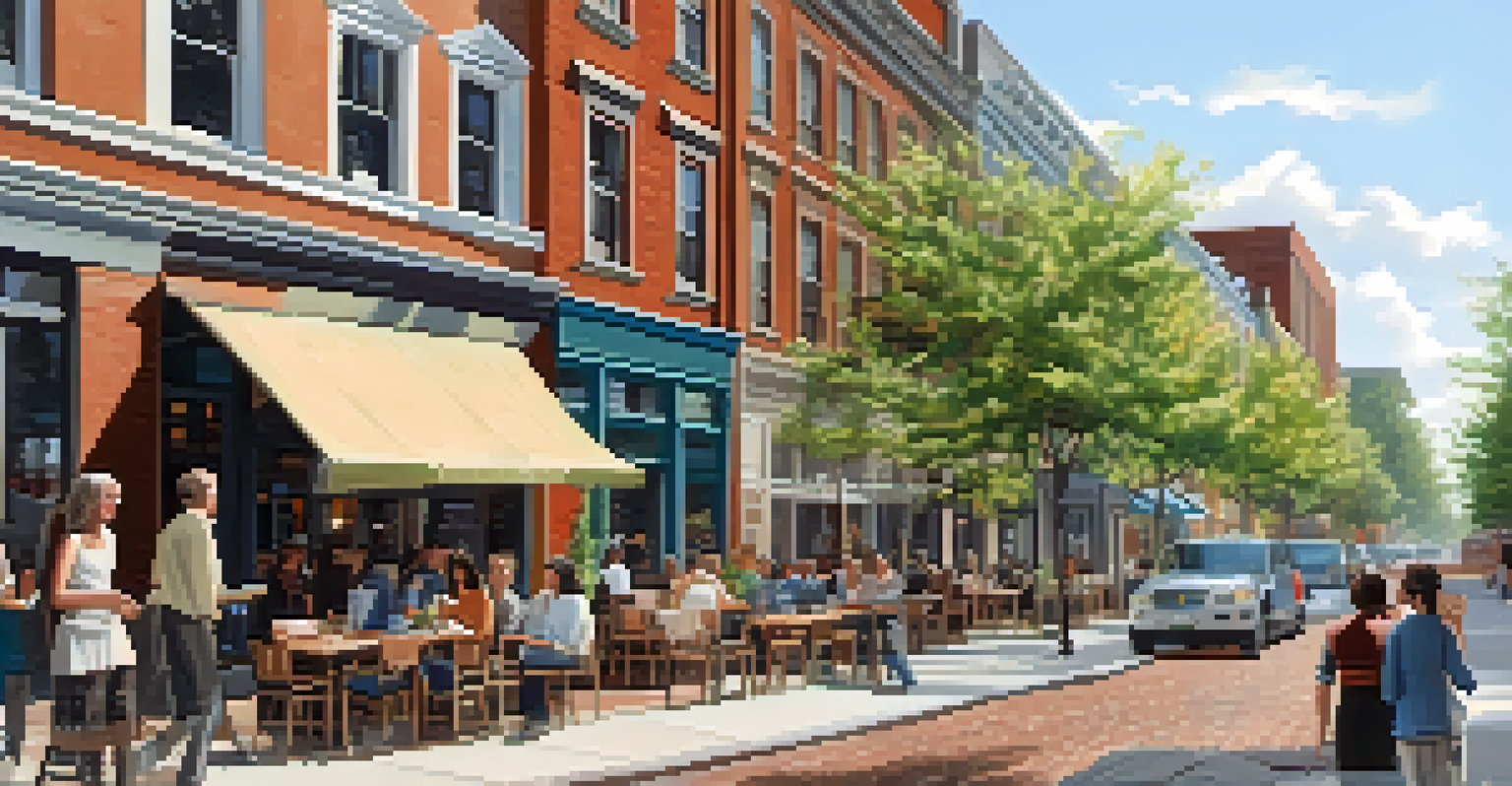 A lively city block with residential apartments, shops, and people enjoying outdoor seating.