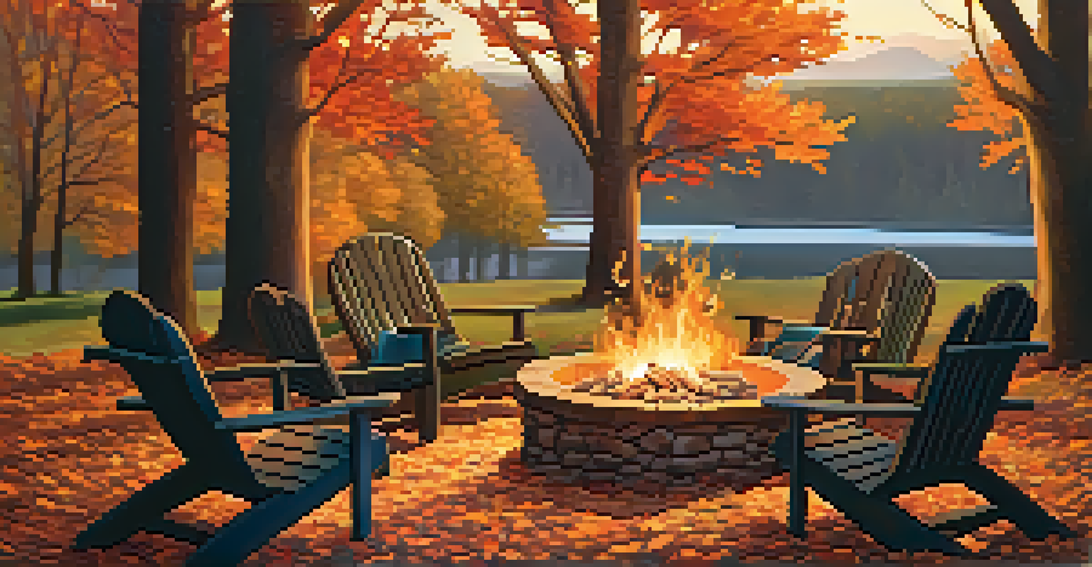 A rustic fire pit in a fall setting with friends roasting marshmallows and sipping cider amidst colorful autumn leaves.
