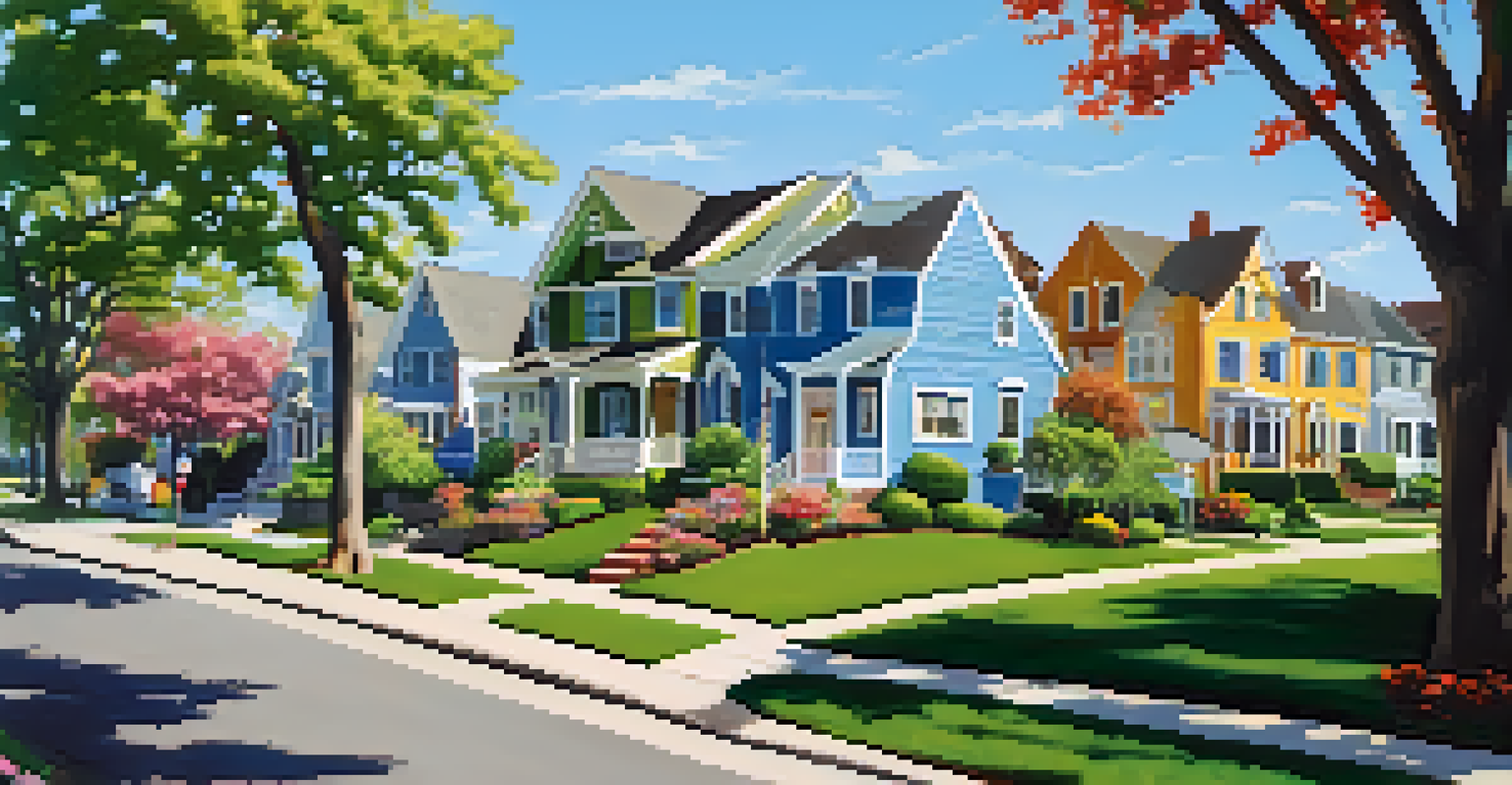 A serene neighborhood with houses and a 'For Sale' sign in a green yard, under a clear blue sky.