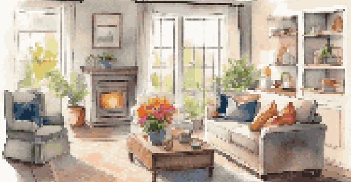 A bright and inviting living room with a sofa, coffee table, and large windows, showcasing a cozy atmosphere.