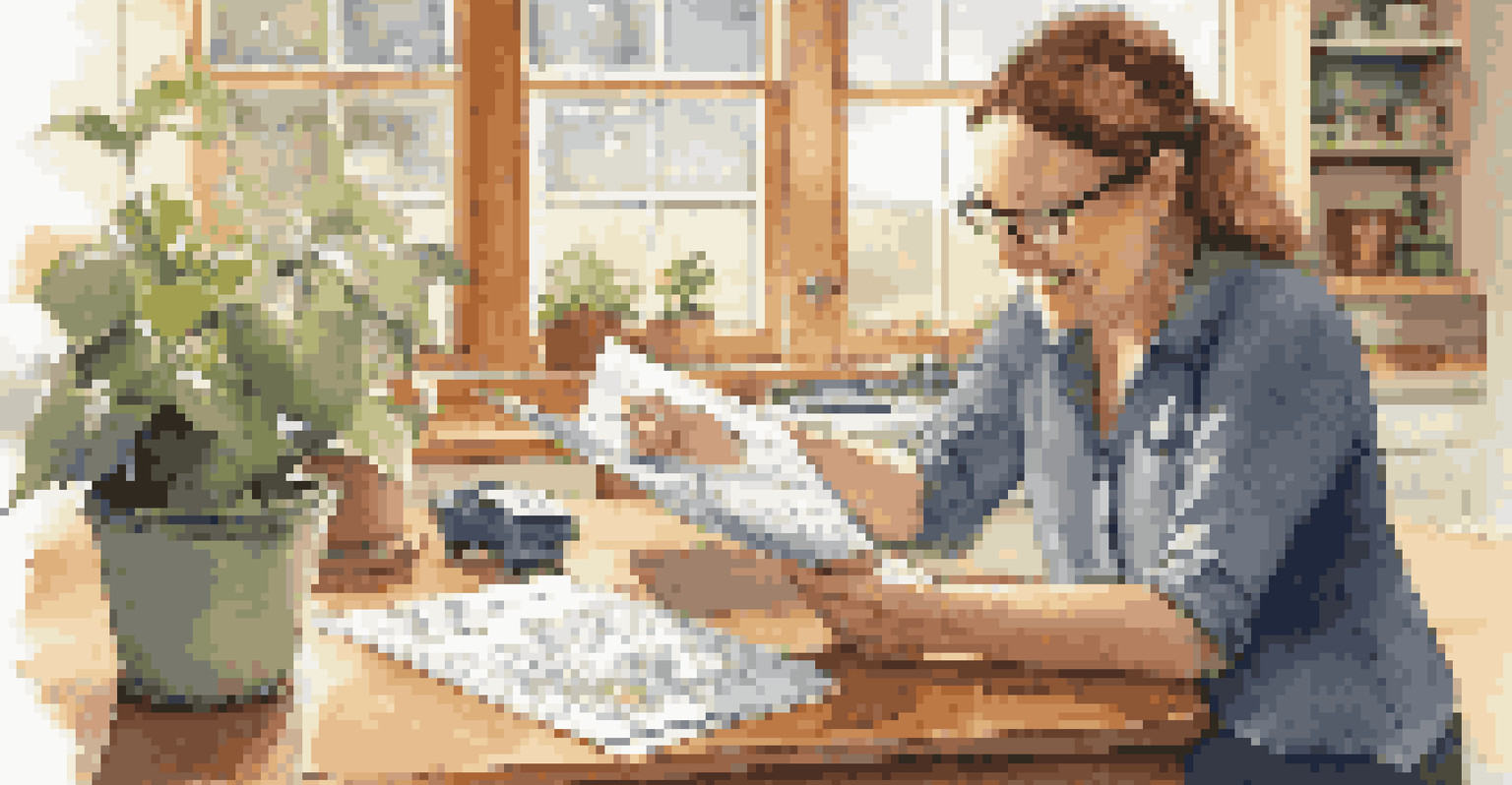 A homeowner happily reviewing their electricity bill with solar panel subscription materials on the table in a cozy kitchen.