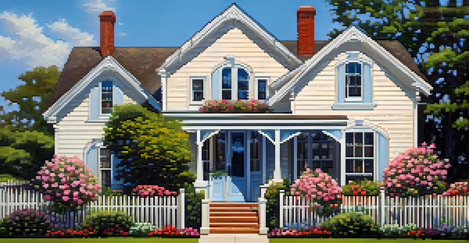 A 'Sold' sign in front of a charming suburban home with blooming flowers and a clear blue sky.