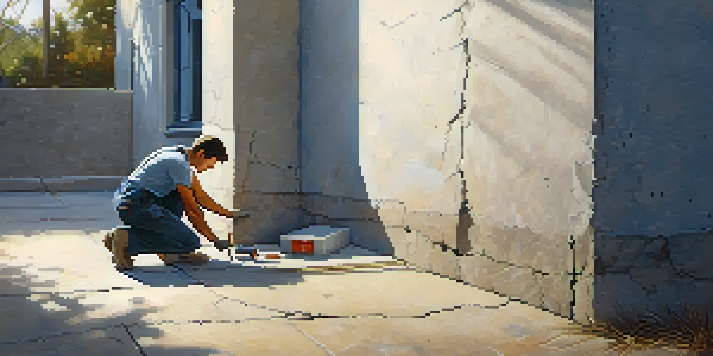 A person inspecting a damaged foundation with visible cracks, with a toolbox nearby under sunlight.