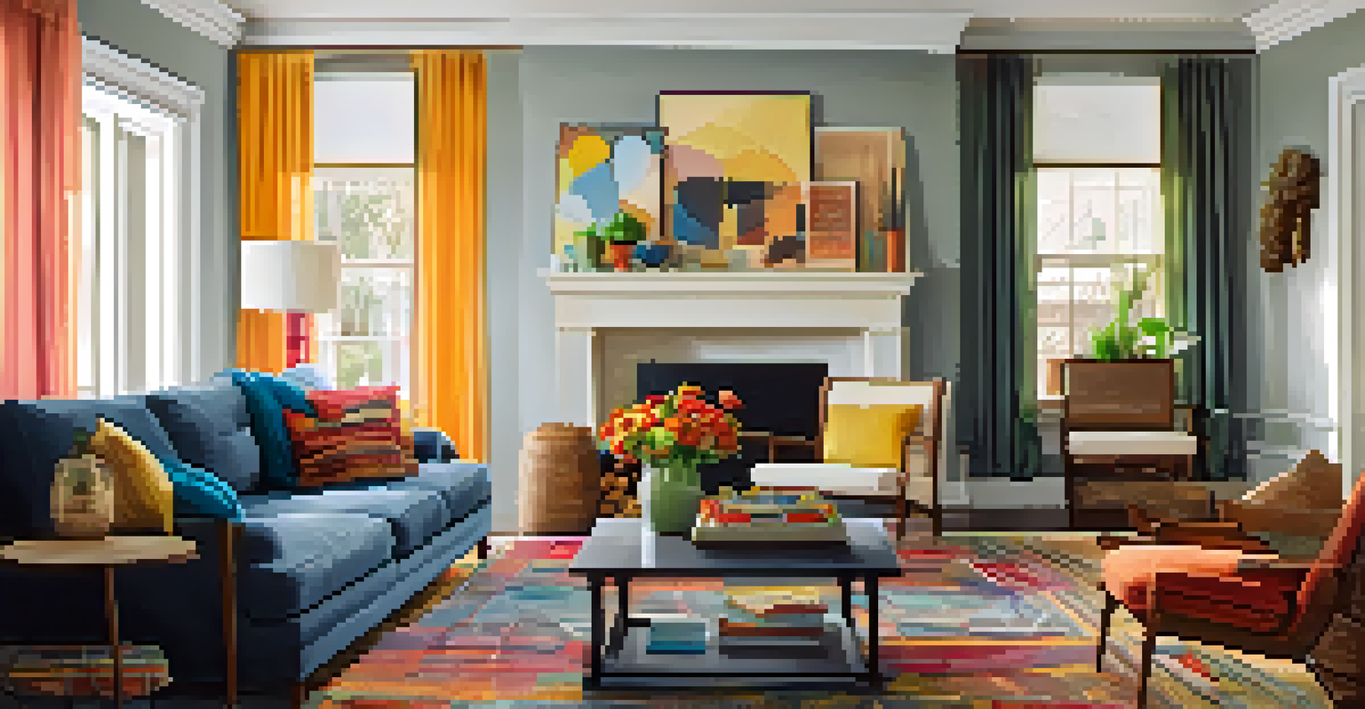 A cozy living room with a sofa, colorful cushions, and warm lighting.
