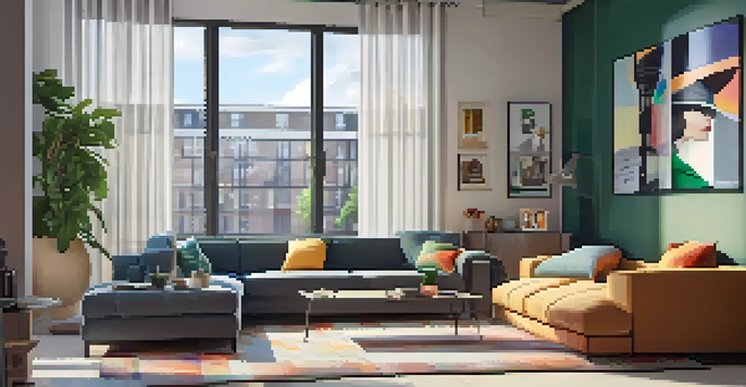 A modern living room in an urban apartment with a security system setup, including a smartphone and wall-mounted monitor displaying camera feeds, colorful cushions, and potted plants.