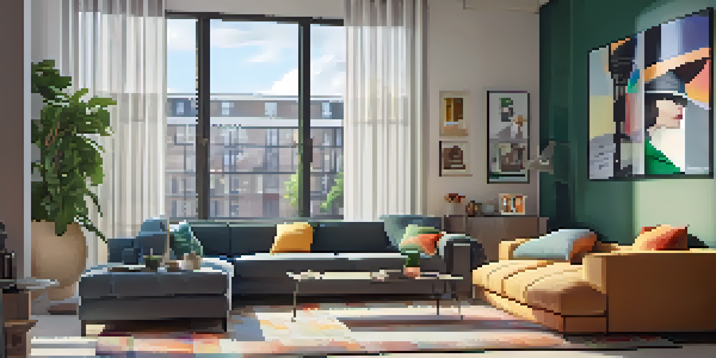 A modern living room in an urban apartment with a security system setup, including a smartphone and wall-mounted monitor displaying camera feeds, colorful cushions, and potted plants.