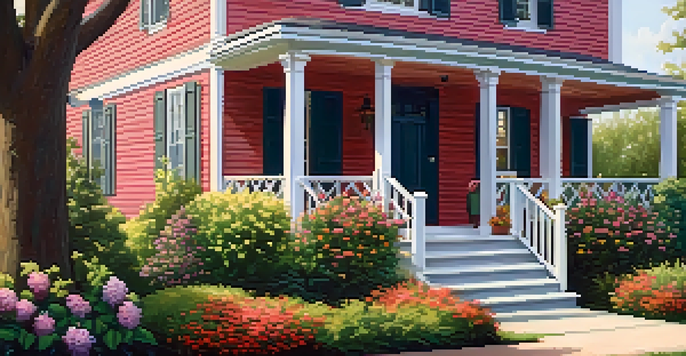 A beautiful suburban house with a colorful garden and inviting porch, bathed in warm sunlight.