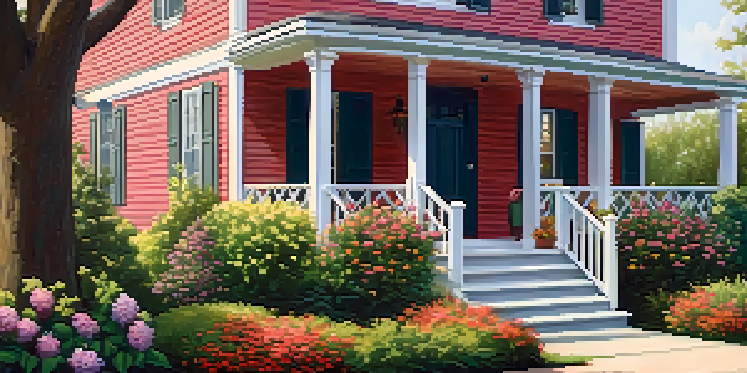 A beautiful suburban house with a colorful garden and inviting porch, bathed in warm sunlight.