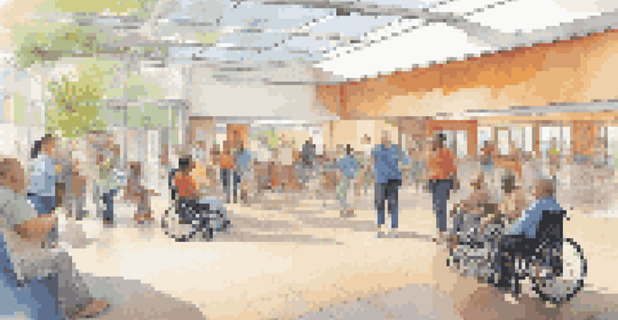 A community center filled with people of diverse abilities, featuring a wheelchair ramp and tactile pathways, with digital screens displaying accessible information. The space is bright and welcoming.