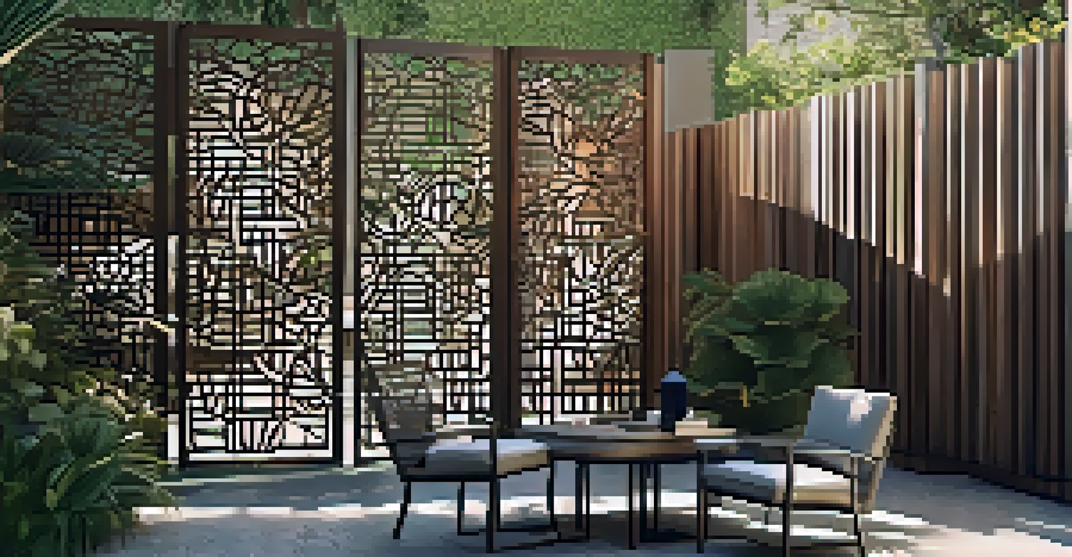 A laser-cut metal decorative screen casting beautiful shadows in an outdoor patio, enhanced by evening light and surrounding greenery.