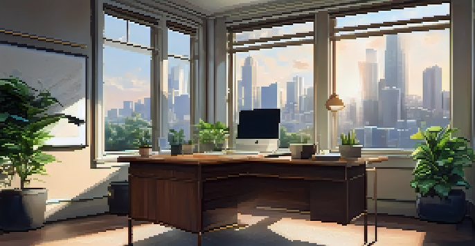 A bright office space with a wooden desk, laptop, coffee cup, and property documents, illuminated by sunlight.