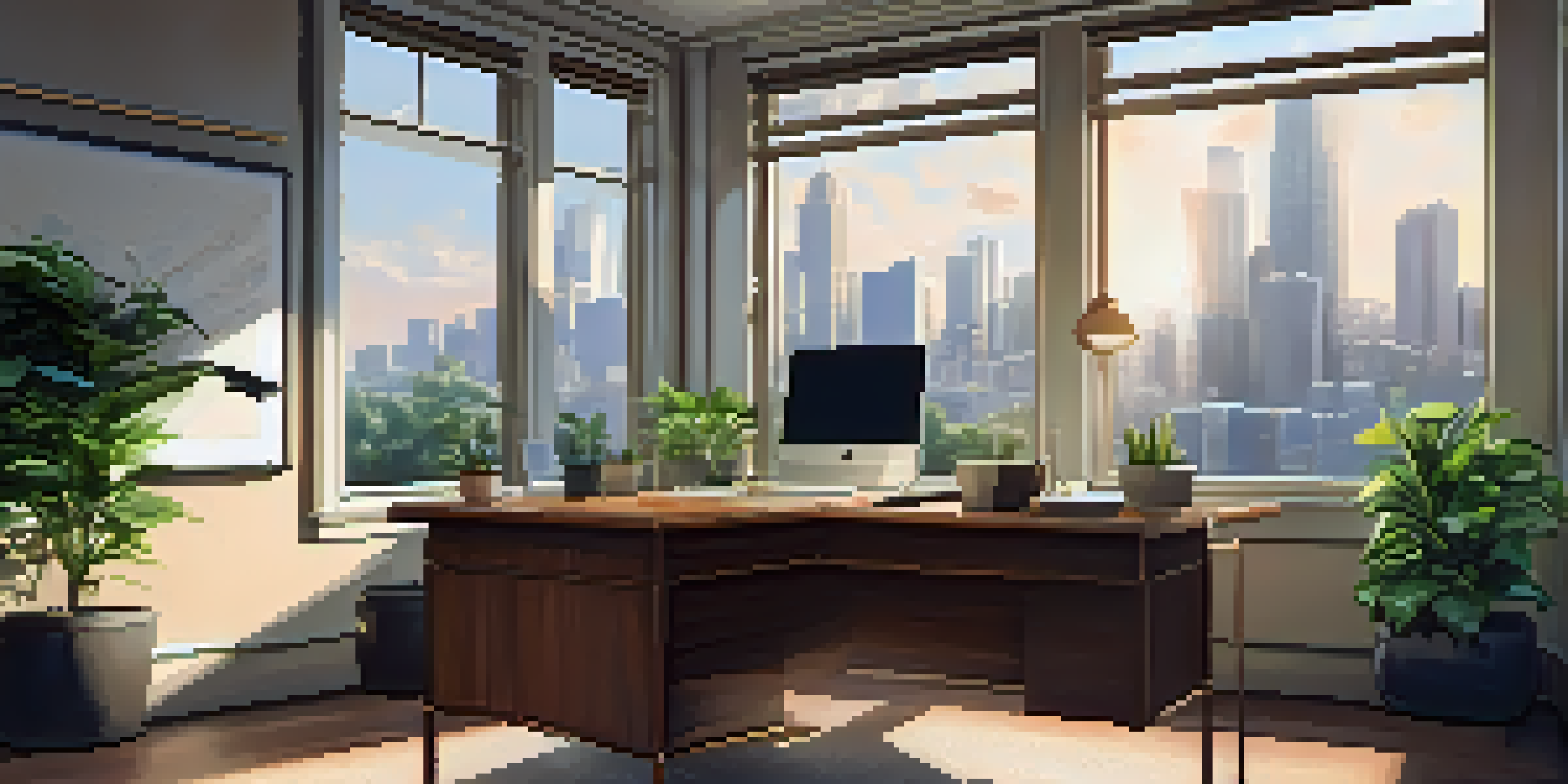A bright office space with a wooden desk, laptop, coffee cup, and property documents, illuminated by sunlight.