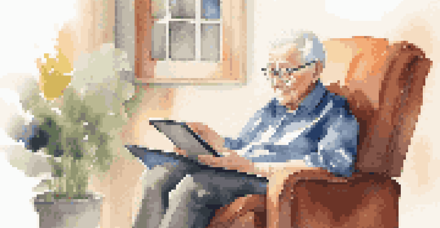 An elderly person using a tablet in a supportive home environment with visible smart home devices.