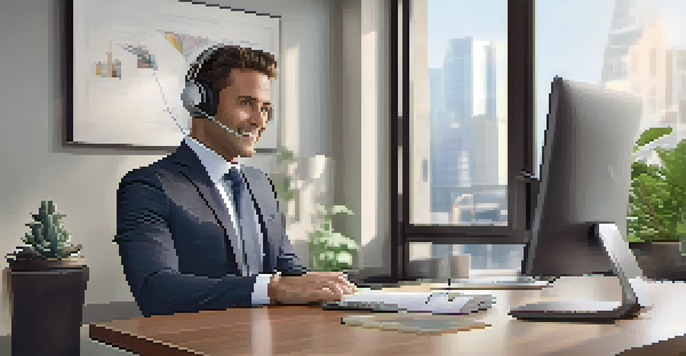 A real estate agent engaged in a video call with a client, sitting at a desk with a laptop and notepad, in a well-lit office.
