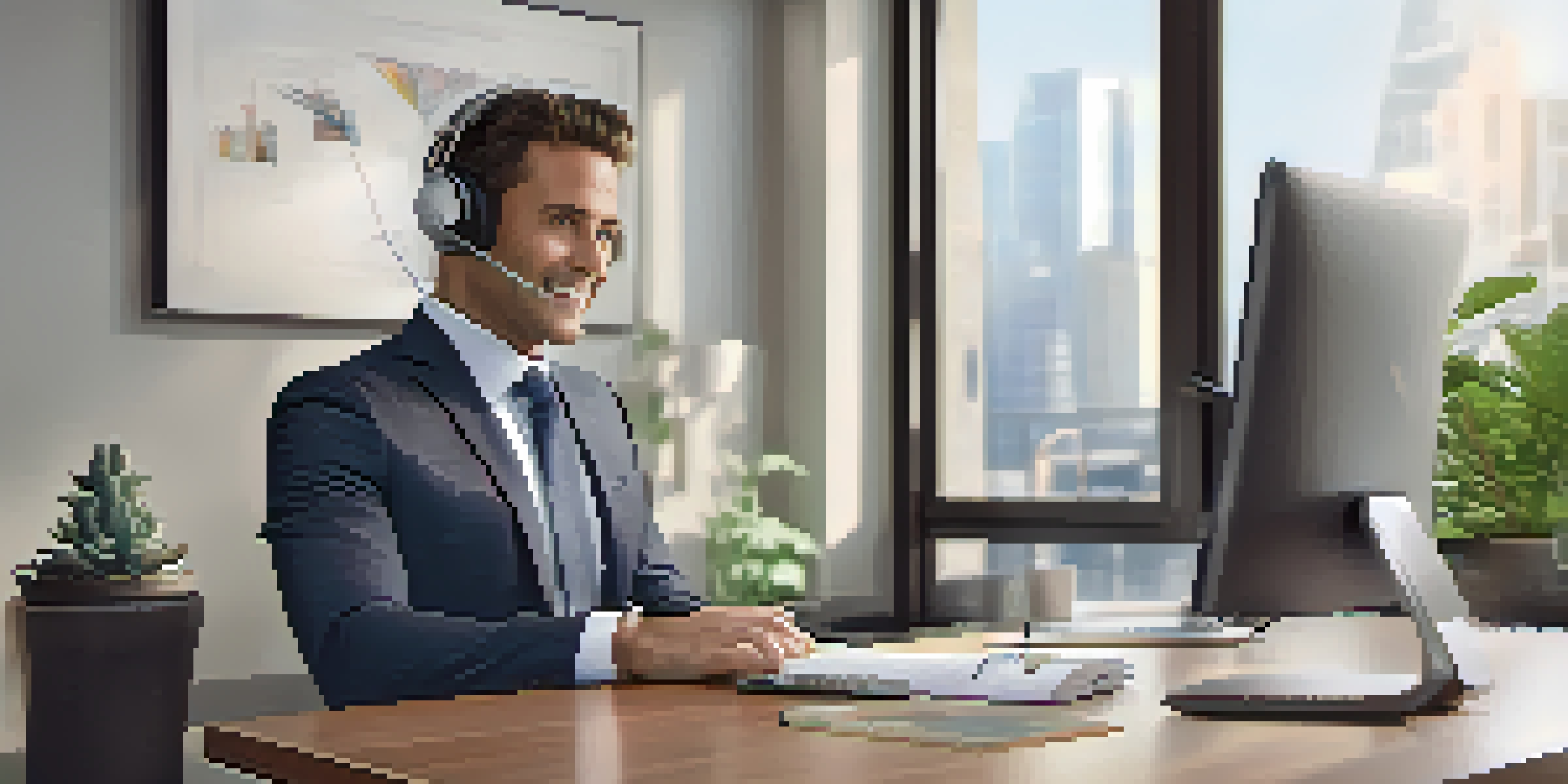 A real estate agent engaged in a video call with a client, sitting at a desk with a laptop and notepad, in a well-lit office.