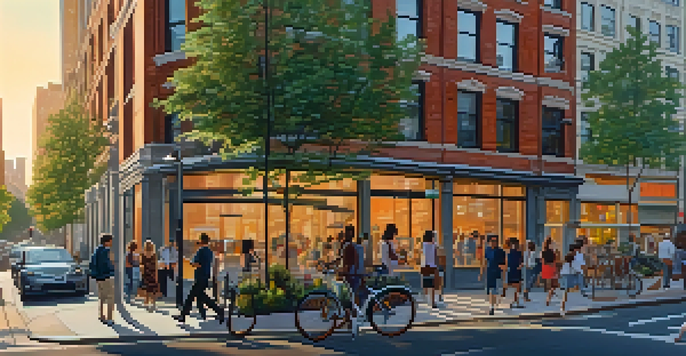 A busy urban environment filled with modern buildings, people walking, and greenery, illuminated by the warm glow of a sunset.