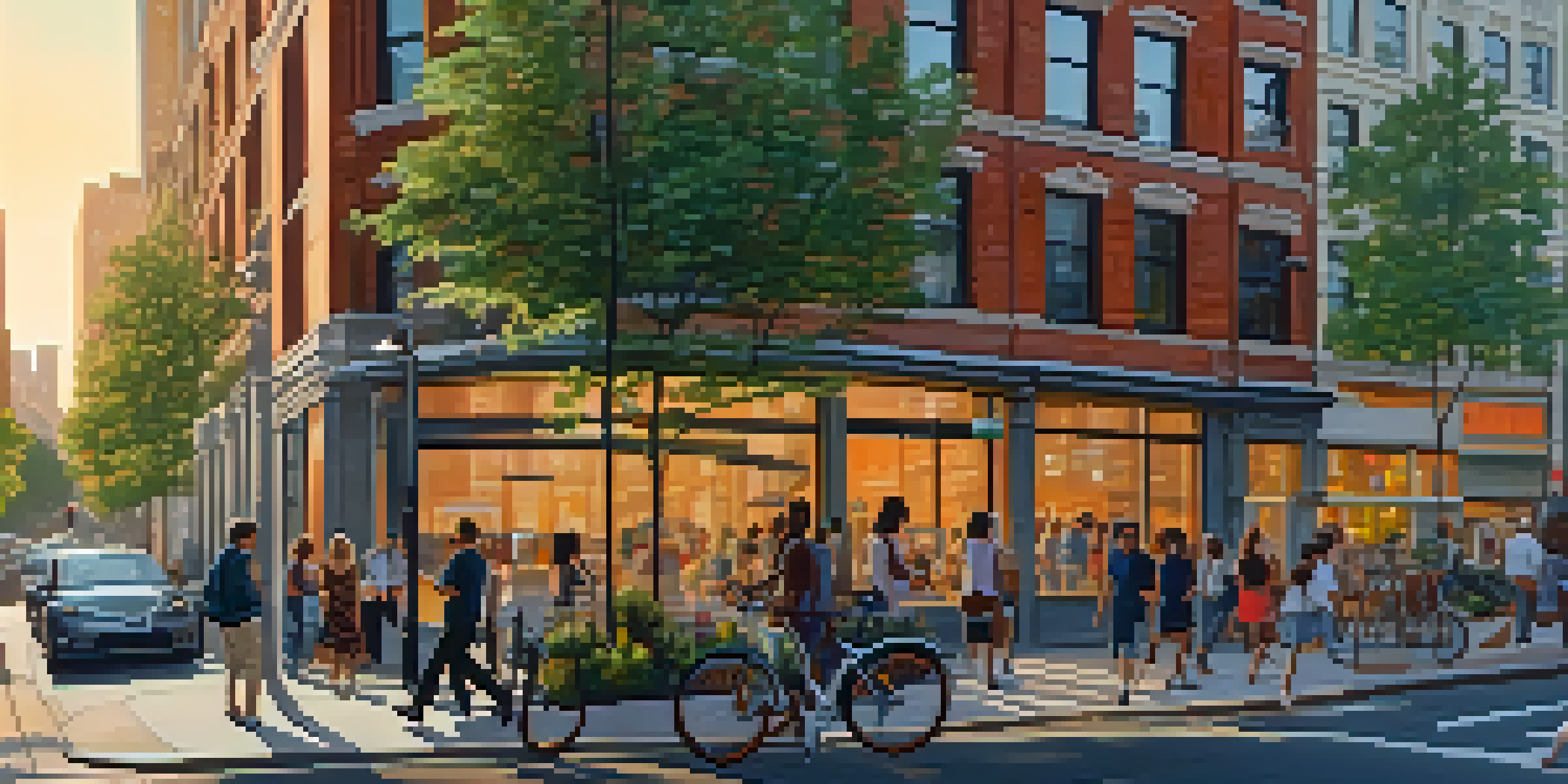 A busy urban environment filled with modern buildings, people walking, and greenery, illuminated by the warm glow of a sunset.