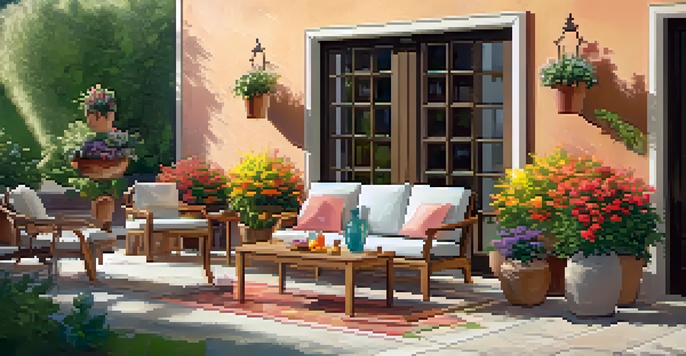 A well-organized outdoor patio with furniture, colorful plants, and warm sunlight creating an inviting atmosphere.