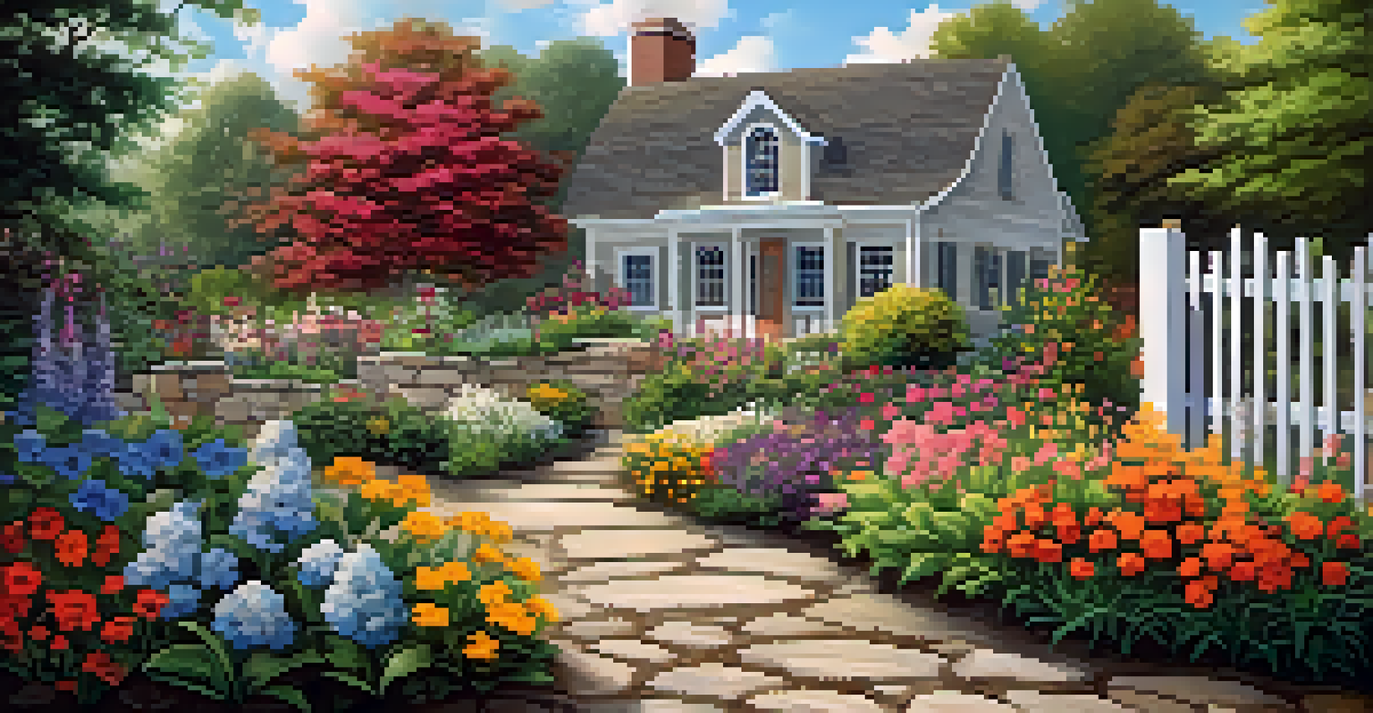 A vibrant garden with blooming flowers, a stone pathway, and a wooden fence under a clear sky.