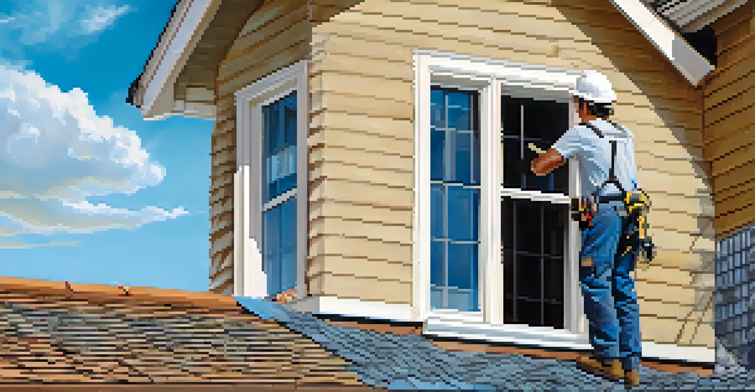 A homeowner wearing safety gear closely inspecting a roof, focusing on the tiles and flashing under a clear blue sky.