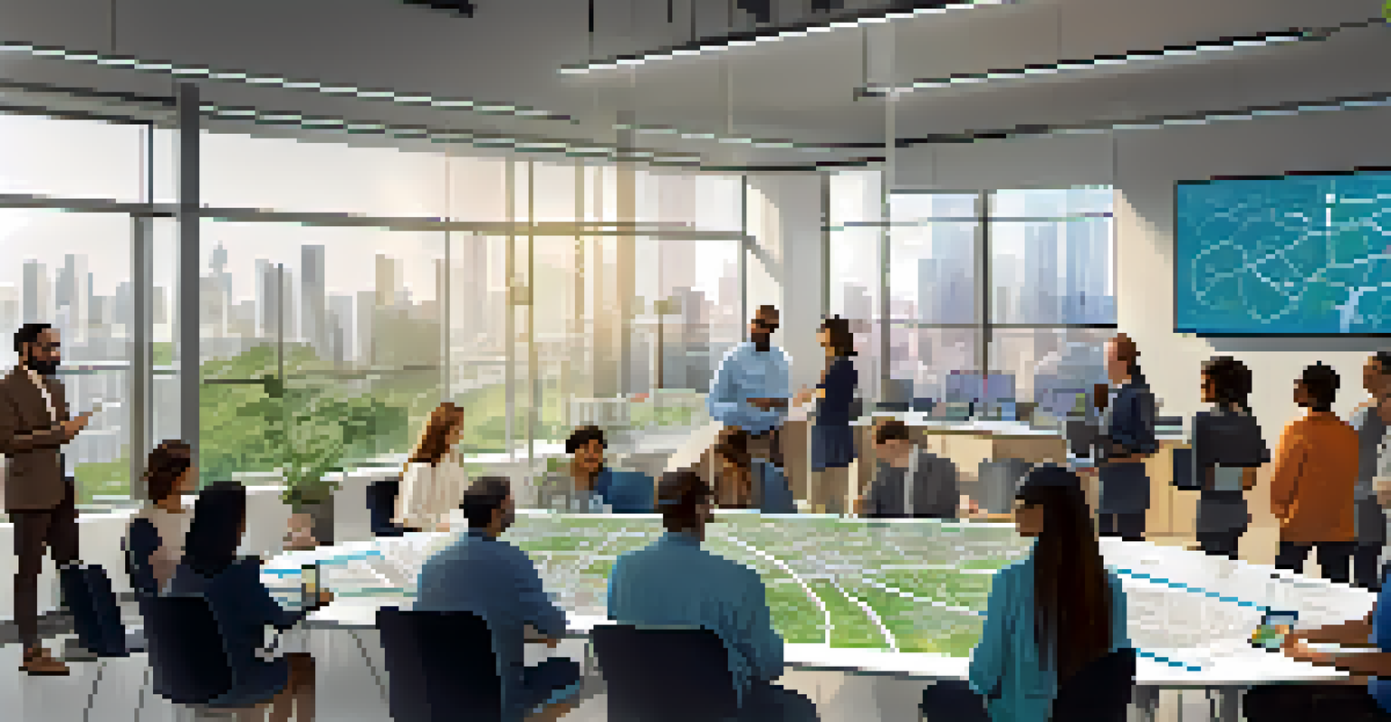 A group of diverse individuals engaged in a smart city planning session using digital tools.