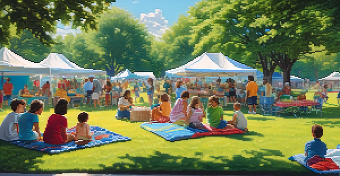 A lively neighborhood picnic with families, children playing, and local vendors in a sunny park setting.