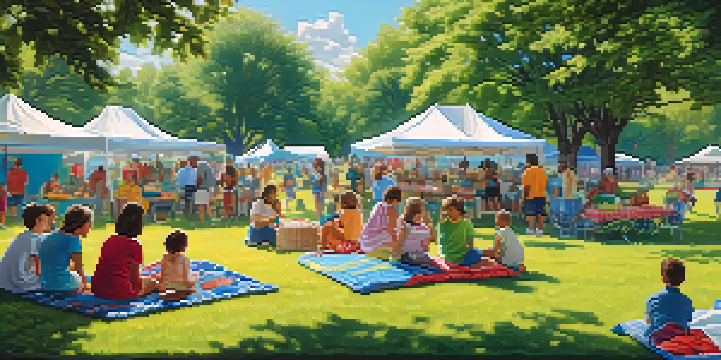 A lively neighborhood picnic with families, children playing, and local vendors in a sunny park setting.